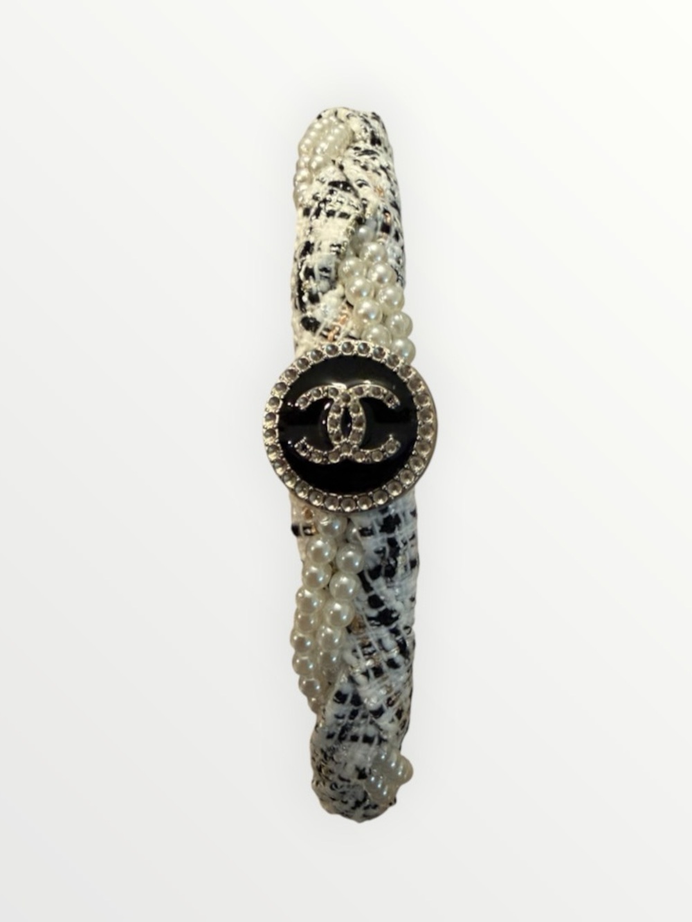 NWOT Upcycled Tweed Pearl Headband with Black Enamel Logo Accent